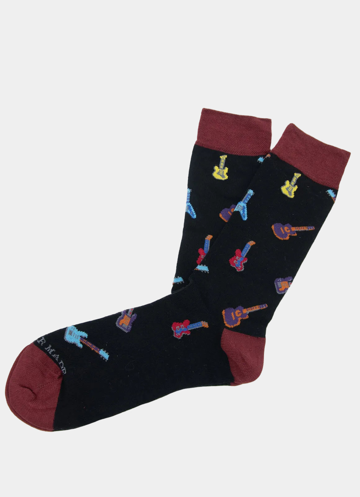 Introducing the Black/Multi Electric Guitar Sock—a pair of black cotton socks made in Turkey, featuring maroon toes, heels, and cuffs. Adorned with a vibrant electric guitar pattern in blue, yellow, orange, and red, these socks are available in sizes 8-12.