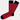 The Red Music Note Sock features a red cotton base with black toes, heels, and cuffs, accented by blue musical note patterns. Displayed on a light gray background. Available in sizes 8-12.