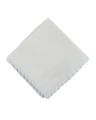 White w/ Lt Blue Stitch Silk Pocket Square - 15136 - 79329 - Hammer Made