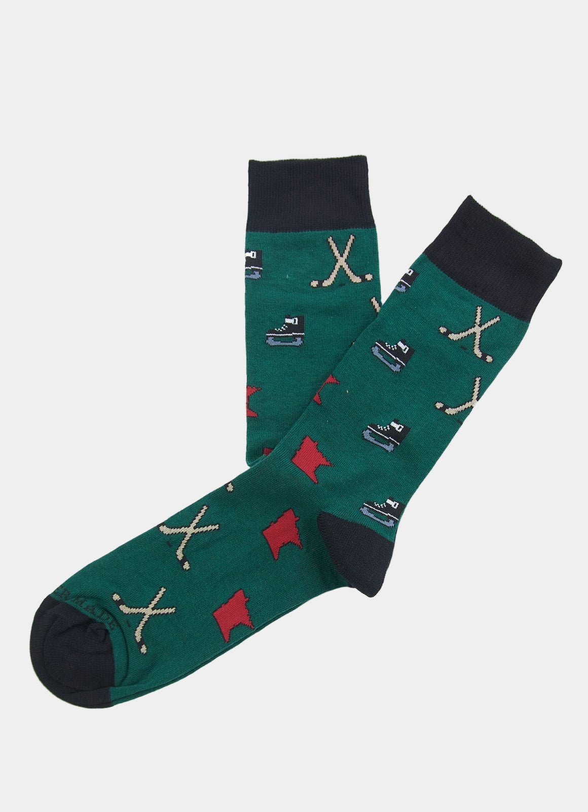 Green MN Hockey Sock: Green socks with black toes and cuffs, decorated with crossed hockey sticks, red flags, and small golf carts. Made in Turkey and available in sizes 8-12.